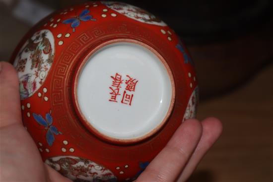 A set of three Chinese coral ground bowls, Republic period